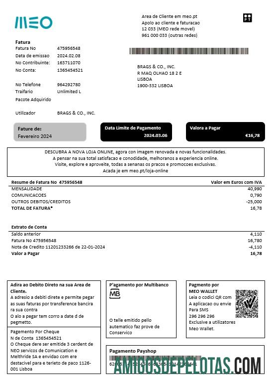 Em branco modelo de fatura de serviços públicos MEO Portugal em formato Word e PDF, totalmente editável